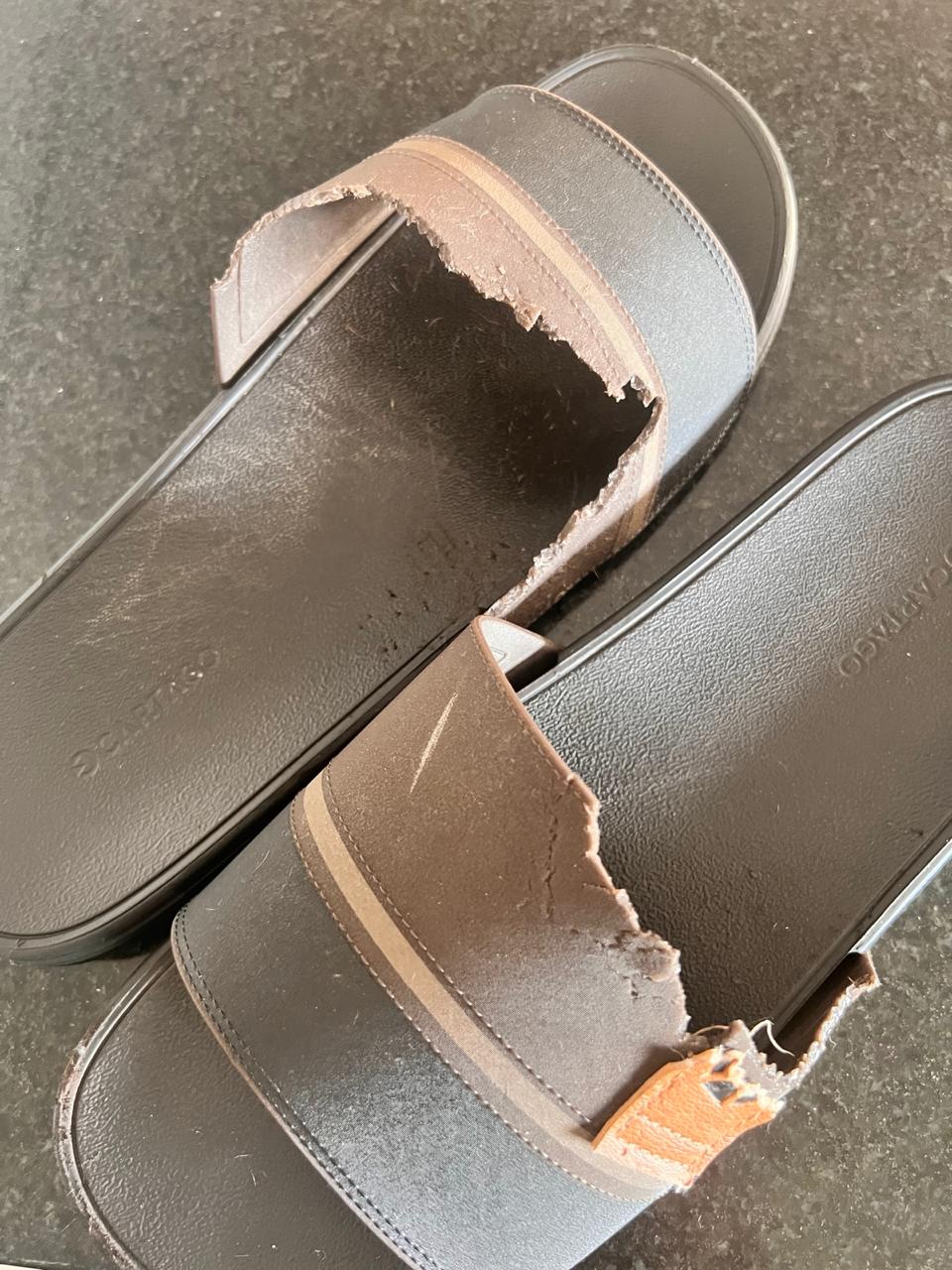 Par de chinelos destruído pelas cachorras